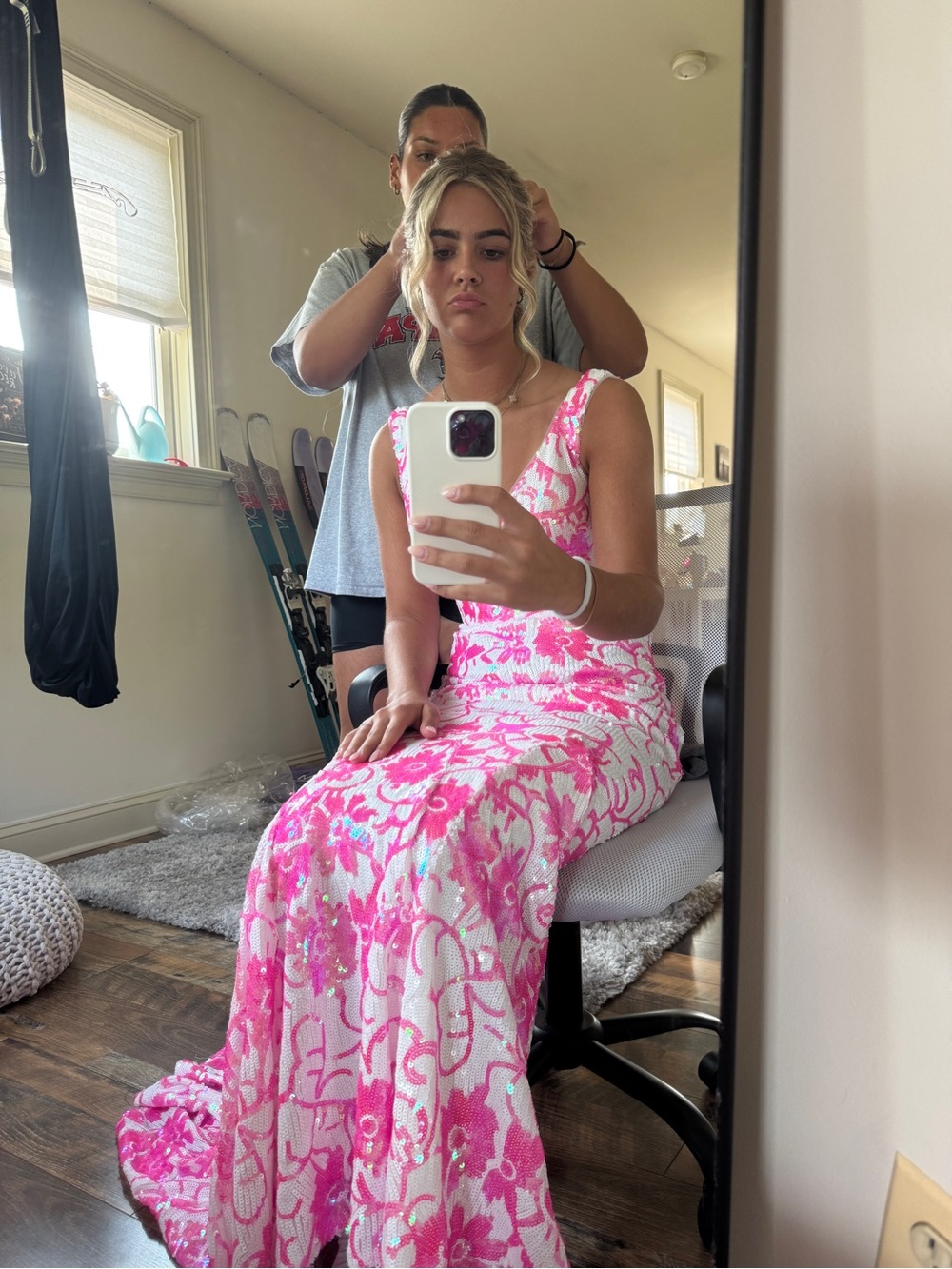 Lily Rose Pink and White Floral Sequin Evening Dress